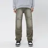 Men's Jeans American Distressed Street Loose Trend Multi Pocket Wide Leg Denim Pants Wash Green Cargo Trousers Man