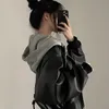 Kadın Yün Karışımı PU Deri Kapşonlu Ceketler 2023 Sonbahar Kış Kısa Fermuar Katları Gevşek Moda Sıcak Zarif Vintage Y2K Siyah Ceket 231011
