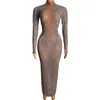 Stage Wear Nude et noir brillant strass cristal sexy robe longue pour les femmes soirée soirée célébrité vêtements danse de salon porte