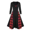 Casual Dresses O-neck Long Sleeve Midi Dress Women Elegant Plaid Print Double Breasted A-line Night Party Skater