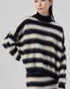 Suéter feminino suéter caxemira longo meia gola listrada pulôver de alta qualidade temperamento casual top feminino