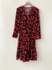 Casual Dresses Red Print Wome Mini Dress Elastic Waist Viscose Long Sleeve V-neck Female Robe Autumn 2023