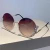 Zonnebril KAMMPT Y2k Rond Stijlvol Vintage Semi-randloze Dames Shades Met Strass Ins Trendy Gradiënt Oceaan Lenzen Brillen