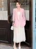 Work Dresses Women Autumn Commuter Business Wear 2 Pieces Set Pink Blazer Jacket Casual Mesh Pleated Skirt Korean Simple Suit