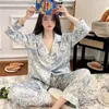 Dames Nachtkleding Dames Homewear Pyjama Echte Zijden Nachtjapon Bedrukken Pijama Grote Maat Pyjama Lange Mouwen Broek De