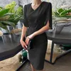 Casual Dresses 2023 Summer Elegant VONDA Women Shirt Dress Fashion Solid Color Sundress Sexy V-Neck Zipper Pleated Midi Robe