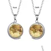 Autres ensembles de bijoux Rétro Carte du monde Time Gem Pendentif Collier Double Face Verre Cabochon Rotation Pull Chaîne Bijoux De Mode Pour Moi Dhbns