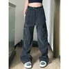 Calças de brim femininas multi-bolso cinza vintage streetwear coreano y2k baggy carga cintura alta reta calças largas perna denim