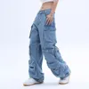 Damskie dżinsy kieszeń solidny kolor dżinsy damskie Y2K Street retro luźne szerokie nogi para swobodnego jokera dżinsów Pants Women 231011