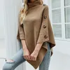 Kvinnors tröjor Vintage -knapp Poncho Kvinnors tröja Autumn Winter Overized Turtleneck Pullover Knitwear Tops Batwing Sleeve Cape Jumper