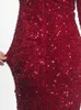 Urban Sexy Dresses Long Sleeve Padded Sequin Maxi Dress Floor Length Sparkles Stretch V Neck Mermaid Formal Evening Night Party Gown Grey Black Red 231011