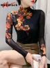 Women's T Shirts Madblack European Clothes T-shirts Women Sexig High Neck Position Print Slim Mesh Tops Long Hermes Tees Autumn Winter