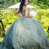 Роскошные платья Quinceanera цвета шалфейного зеленого цвета с милыми блестками Vestidos De 15 Anos с открытыми плечами и аппликацией из кружева с бисером Вечернее платье принцессы