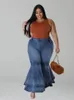 Women's Plus Size Pants Plus Size Jeans Women Casual High Waist Flare Flared Pants Bottom Ruffled Hem Fashion Denim Streetwear Wholesale Dropshpping 231011