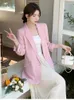 Work Dresses Women Autumn Commuter Business Wear 2 Pieces Set Pink Blazer Jacket Casual Mesh Pleated Skirt Korean Simple Suit