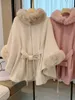 Shawls Factory Direct Elegant Autumn Winter Rex Rabbit Fur Collar Belt Knitted Poncho Cape Shawl Woolen Large Size Womens Coat 231012