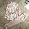 Mulheres Sleepwear Daeyard High Grade Silk Cetim Mulheres Pijama Set Manga Longa Robe e Calças Feminino Outono Roupão Terno Elegante Homewear