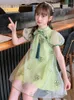 Mädchen Kleider Sommer Chiffon Kleid 2023 Prinzessin Cheongsam Chinesischen Stil Rollkragen Puff Sleeve Stickerei Druck Nette Kinder