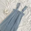 Casual Dresses Light Blue Thin Denim Dress For Women Wide Strap Slim A-Line Suspender Vestidos Female Ruched Overalls Summer