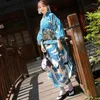 Abbigliamento etnico Abito formale giapponese Kimono con maniche vibranti Blu Modello tradizionale Completo Tsurugi Lunghezza 160 cm