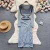 Casual Dresses Women's Fashion Elegant Solid Square Long Sleeve Body Dress Sexig stickad Elastic Ultra Thin Split Hip Wrap