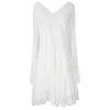 Casual Dresses Women Lace V Neck Solid Flare Lång ärm Loose Short Mini Boho Holiday Beach Dress Vestidos White