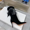 Amina Muaddi Begum talons aiguilles bottes hautes strass bout pointu bottes à pompons à enfiler bottes à hauteur du genou chaussures de créateurs de luxe pour femmes chaussures d'usine tailles 35-42