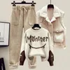 Women's Two Piece Pants Winter Cashmere Vest Coat Embroidery Knitted Sweater Casual Trousers Three Elegant Set Outfit 231011