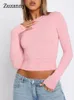 T-shirts Femmes Zuzanny Casual Sexy Slim Manches longues Crop Top Femmes Y2K Basic Solid O Cou Ruché Skinny 2023 Blanc Undershirt