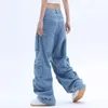 Damskie dżinsy kieszeń solidny kolor dżinsy damskie Y2K Street retro luźne szerokie nogi para swobodnego jokera dżinsów Pants Women 231011