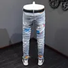 Erkekler kot caddesi moda erkekler retro açık mavi sıska fit baskılı punk pantolonlar boyalı tasarımcı hip hop denim pantolon hombre