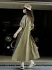 Casual Dresses ENjoyce 2023 Summer Women Vintage Green Shirt Korean Fashion Ladies Loose Straight Long Skirts Bubble Sleeve Maxi Dress