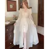 Women's Sleepwear 2pcs Lace Nightgowns Women Ice Silk Long Sleeve Mesh Elegant Wedding Ceremony Luxury Nightdress Home Dressing Gown Robes