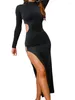 Vestidos casuais chronstyle sexy mulheres alta divisão vestido longo manga pescoço sólido noite lado recorte bodycon feminino vestidos 2023