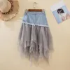 Skirts TAFN Denim Jeans Tulle Womens High Waist Long Mesh Pleated Midi Y2K Gothic Skirt With Pockets Belt Tutu Jupe 2023