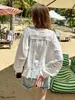 Blusas femininas cigana laço francês chique camisa blusa crochê oco para fora algodão branco verão manga longa mulheres férias praia sexy senhoras