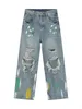 Jeans pour hommes été style coréen lâche haute rue mendiant déchiré peinture graffiti denim pantalon hip hop