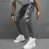 Herr jeans nya män stilfulla rippade mager blyerts jeans byxor streetwear hip hop hål stretch smal denim bockar231011