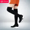 Laarzen QUTAA Stretch Stoffen Over De Knie Laarzen Hoogte Toenemende Ronde Neus Dames Schoenen Herfst Winter Casual Lange Laarzen Maat 34-43 231011