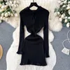 Freizeitkleider Vintage Eleganter elastischer Slim Fit Kapuzenpullover Koreanisches enges Partyabendkleid Langarm Damen Herbst