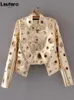 Couro feminino falso lautaro pista cortada jaqueta curta rebite dourado legal elegante designer vestir moda europeia americana 231011