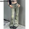 Jeans da donna REDDACHiC Y2k Stampa bottoni vintage Pantaloni bootcut da donna Pantaloni svasati effetto vissuto Pantaloni coreani anni '90