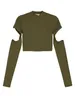 Women's T Shirts Women Comfortable And Casual Army Green T-shirt Long Sleeve Crew Neck Hollowed Solid Slim Fit Fall Tops Streetwear Clothing