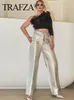 Pantalon Femme TRAFZA Femmes Mode Silver Pu Pantalon en cuir Taille haute Fermeture à glissière Slim Droite avec poches Y2K Femme Streetwear Pant