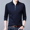 Polos masculinos sólidos camisa polo lapela manga comprida gola com zíper moda primavera e outono fino casual solto tops 231012