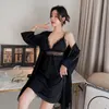 Vêtements de nuit pour femmes Sexy femmes maison robe de chambre dentelle vêtements de nuit satin 2pcs kimono robe ensemble lingerie intime loungewear peignoir chemise de nuit