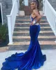 Aftonklänningar Royal Blue Prom Party Gown Formal Custom Plus Size Ny blixtlås snörning av sjöjungfru ärmlös V-Neck Velvet backless Applique-paljetter