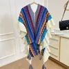 Tücher Frauen Ethnischen Stil Poncho Capes Damen Mode Streifen Bunte Stricken Übergroßen Wrap Fransen Schal Bohemian 231012