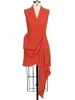 Robes décontractées Mode Femme Costume Robe de soirée sans manches Double boutonnage Grand ourlet plissé Orange Printemps 2023 O377