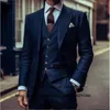 Herenpakken Mode Marineblauw Voor Heren Formeel Zakelijk Blazer Slim Fit Bruiloft Bruidegom Smoking 3-delig Jasje Vest Broek Terno Masculino